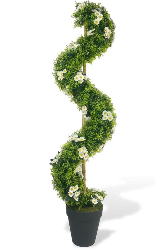 Yapay Ağaç Doğal Papatyalı Spiral Şimşir Ağacı 160cm Bambu Saplı Salon Bitkisi