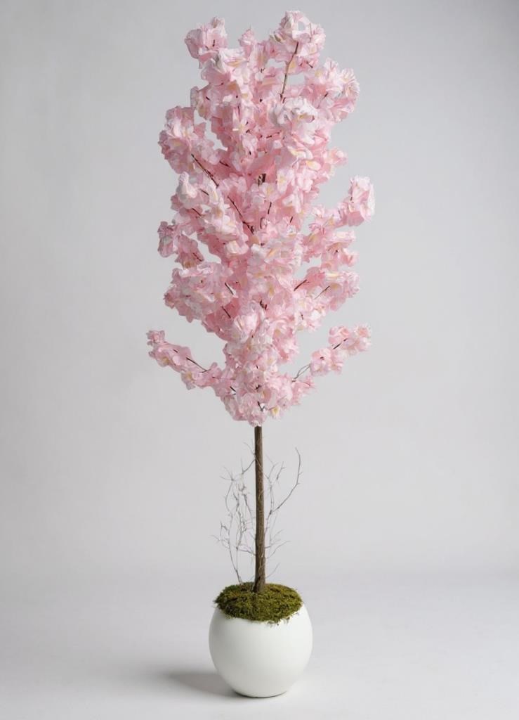 Yapay Ağaç Japon Kiraz Çiçeği Bahardalı Ağacı Beyaz Küre Saksıda Pembe Açık Renkli 160cm