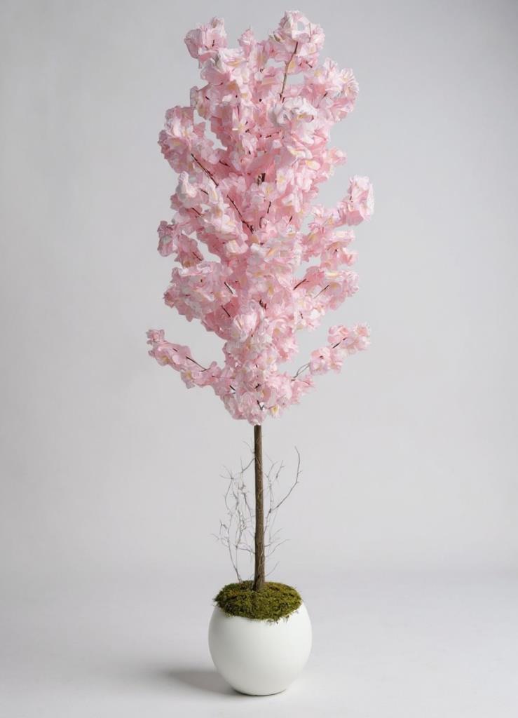 Yapay Ağaç Japon Kiraz Çiçeği Bahardalı Ağacı Beyaz Küre Saksıda Pembe Açık Renkli 160cm
