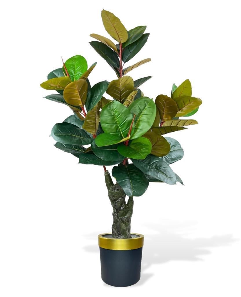 Yapay Ağaç Kauçuk Ağacı Metal Gold Kemerli Saksıda Ficus Elastica Salon Çiçeği 150*90 61 Yaprak