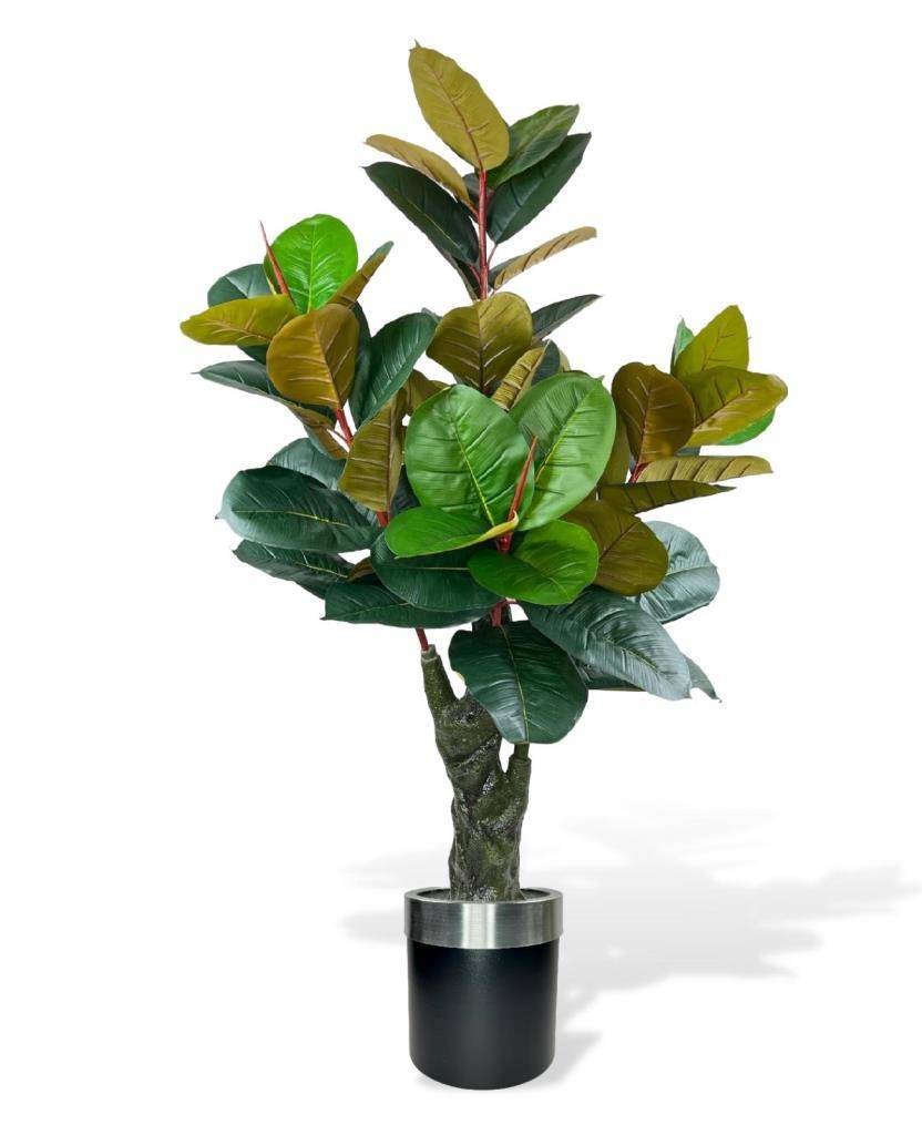 Yapay Ağaç Kauçuk Ağacı Metal Gümüş Kemerli Saksıda Ficus Elastica Salon Çiçeği 150*90 61 Yaprak