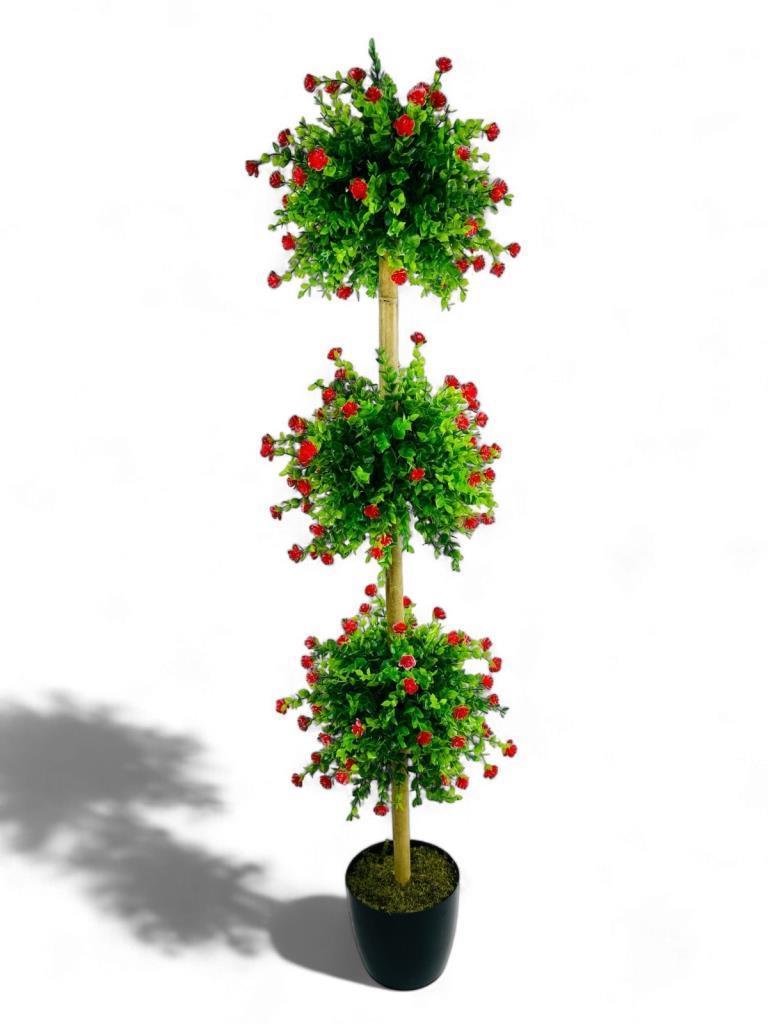 Yapay Ağaç Kırmızı Mineli Şimşir Top Siyah Saksılı 115*30cm 