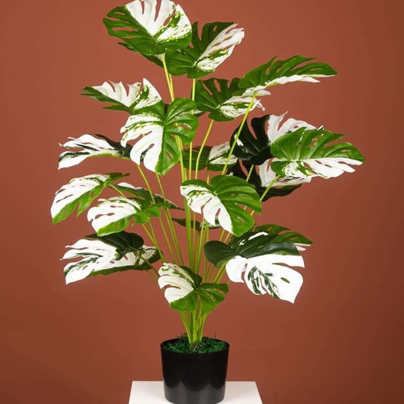 Yapay Ağaç Salon Bitkisi Beyaz Monstera 70 cm 18 Yaprak Antrasit Saksıda Deve Tabanı 