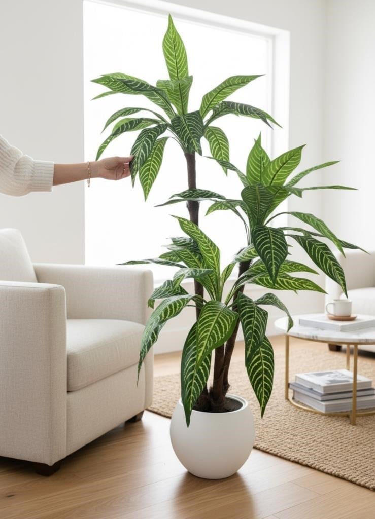 Yapay Ağaç Yukka Sarı Çizgili Draceena Ağacı Beyaz Küre Saksıda 120*50cm 54 Yapraklı