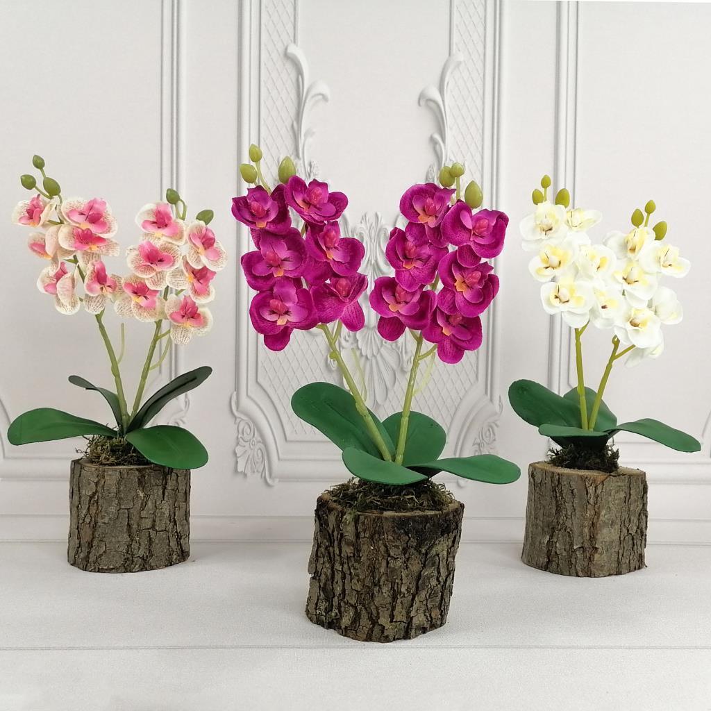 Yapay Ahşap Kütük Saksılı Mini Orkide 3 lü Set Dekoratif Hediye