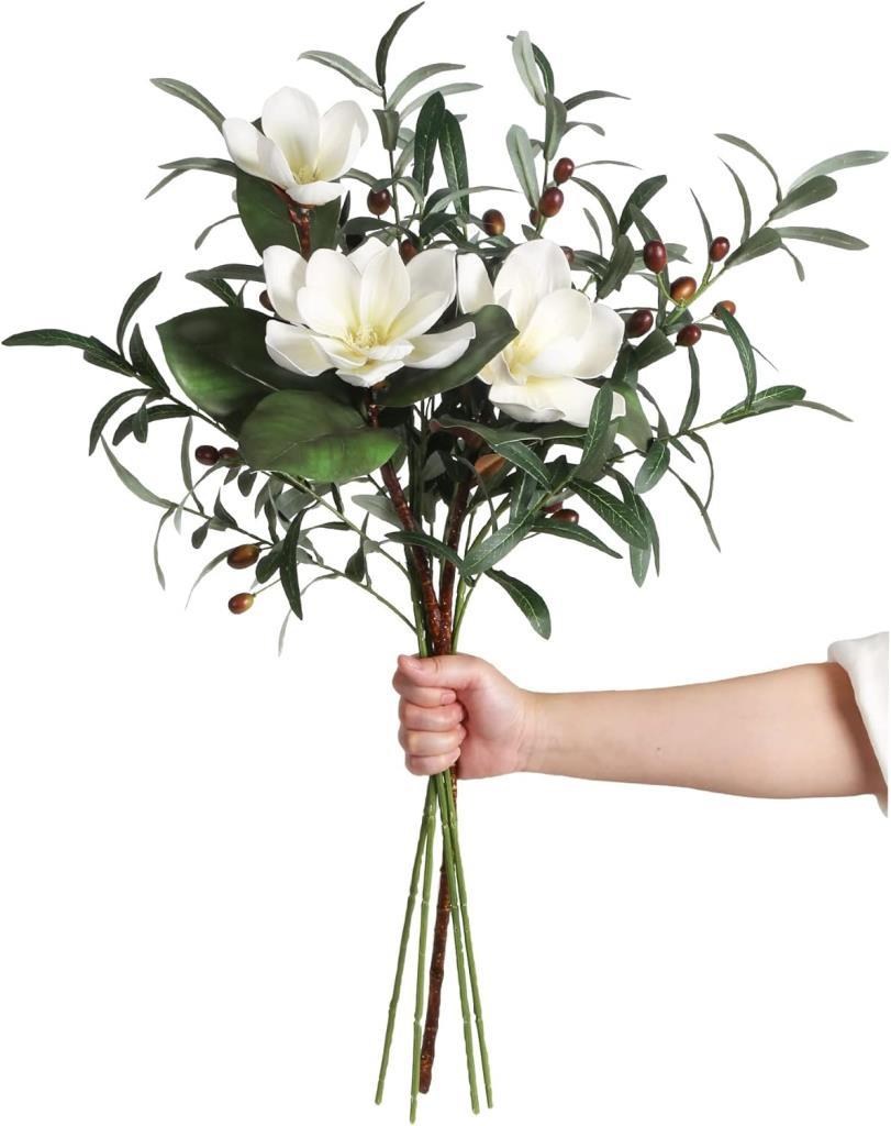 Yapay Çiçek 1Dal Beyaz Manolya 3 Kafalı 3Adet Yapay Zeytin Dalı  Uzun Dal Çiçek Flowers 80cm