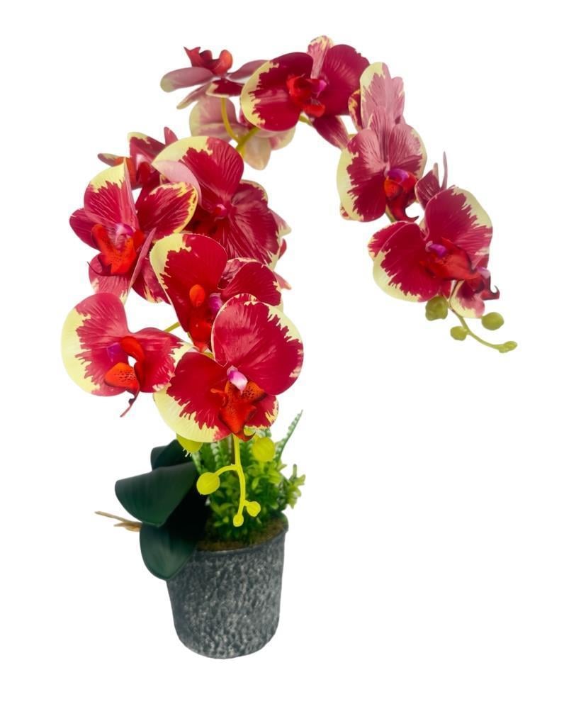 Yapay Çiçek 2li Kırmızı Krem Islak Orkide Seramik Saksıda Orkide 60cm