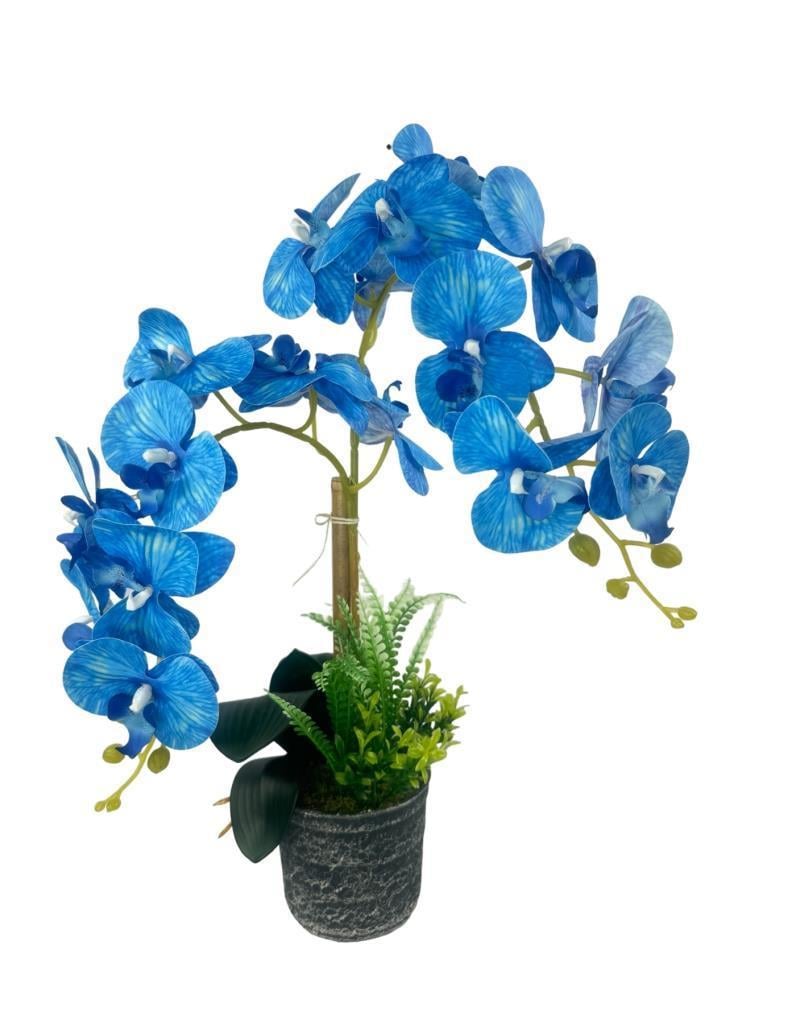Yapay Çiçek 2li Mavi Islak Orkide Seramik Saksıda Orkide 60cm