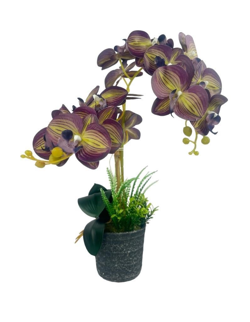 Yapay Çiçek 2li Mor Sarı Çizgili Islak Orkide Seramik Saksıda Orkide 60cm