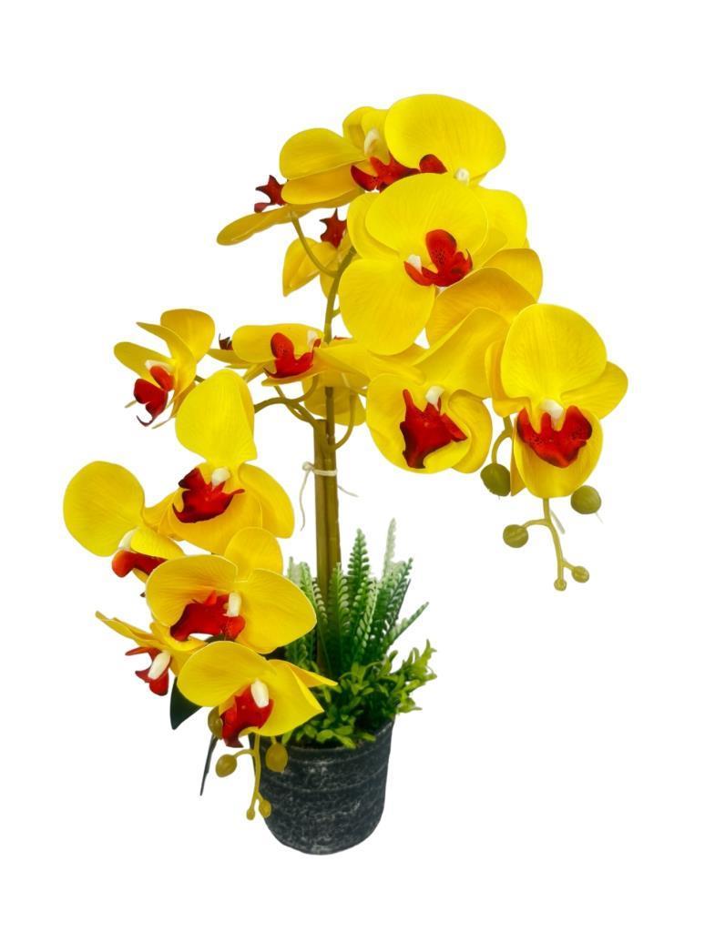 Yapay Çiçek 2li Sarı Kırmızı Islak Orkide Seramik Saksıda Orkide 60cm