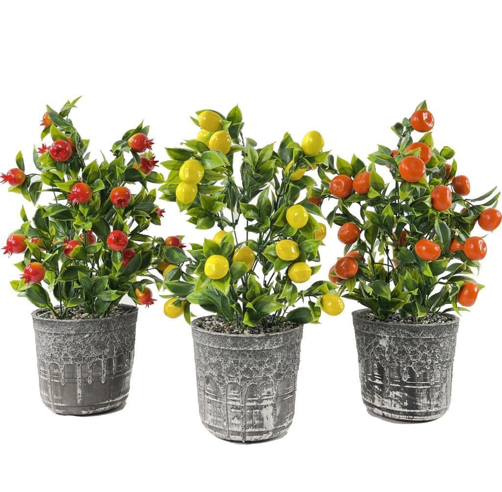 Yapay Çiçek 3 Adet Gri Seramik Saksıda Limon Nar Ve Mandalina Ağacı 40cm 
