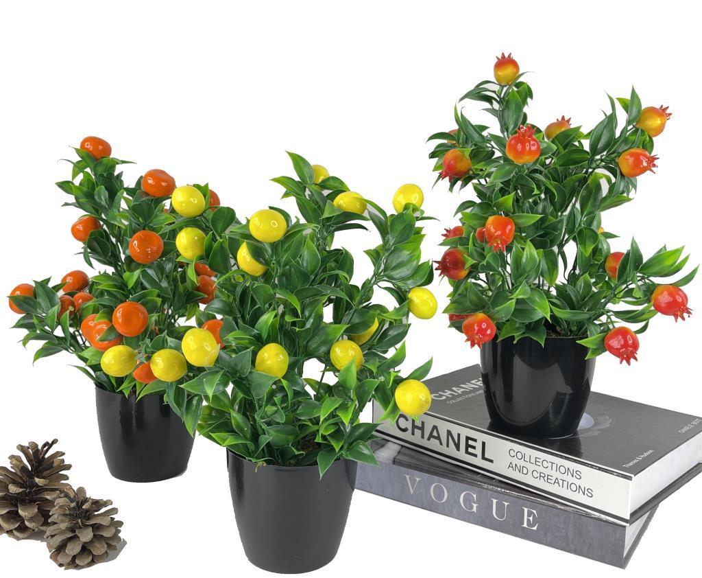 Yapay Çiçek 3 Adet Nar Limon Ve Mandalina Ağacı Siyah Saksıda 30cm 