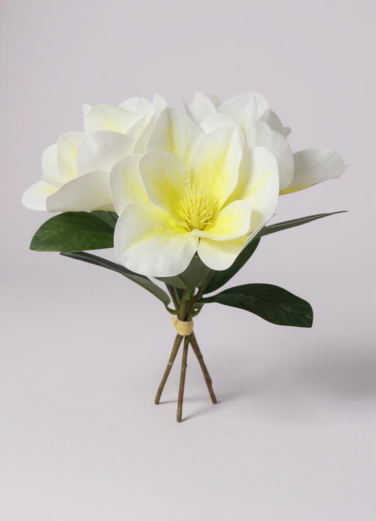 Yapay Çiçek 3Dallı Buket Manolya Gerçek Dokulu Magnolia 32cm KREM