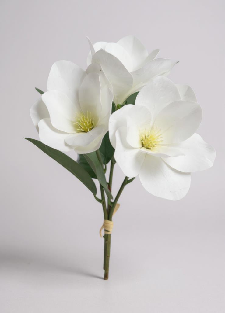 Yapay Çiçek 3Dallı Buket Manolya Gerçek Dokulu Magnolia 32cm BEYAZ