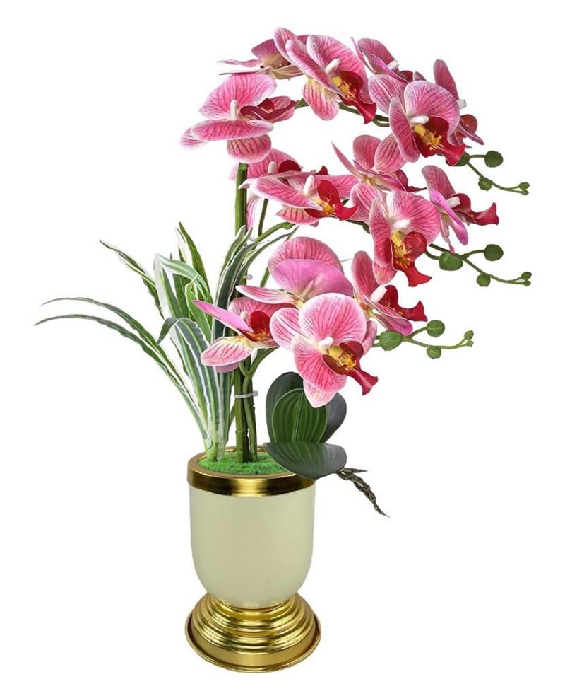 Yapay Çiçek 3lü Pembe Orkide Metal Krem Gold Saksıda Orkide 60cm