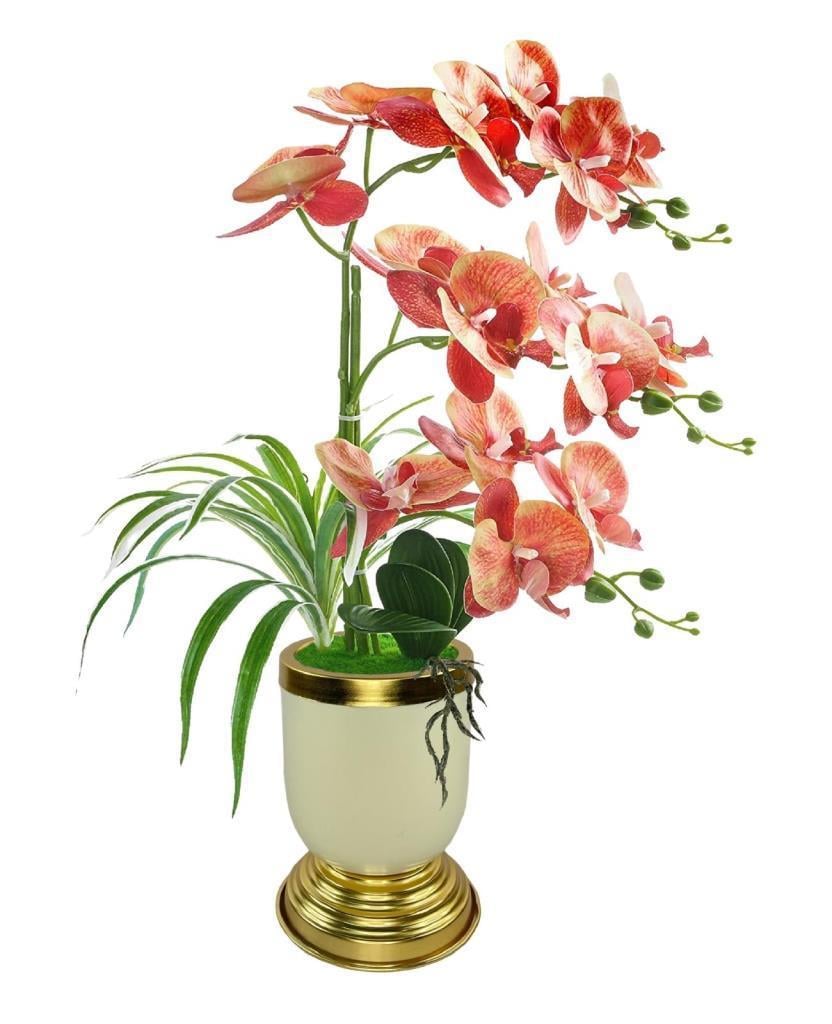 Yapay Çiçek 3lü Somon Orkide Metal Krem Gold Saksıda Orkide 60cm