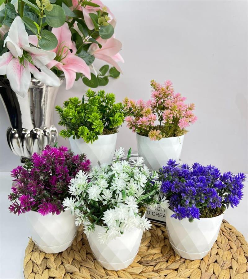 Yapay Çiçek 5 Adet Beyaz Saksıda Plastik Mini Lotus Çiçeği Karışık Renkler