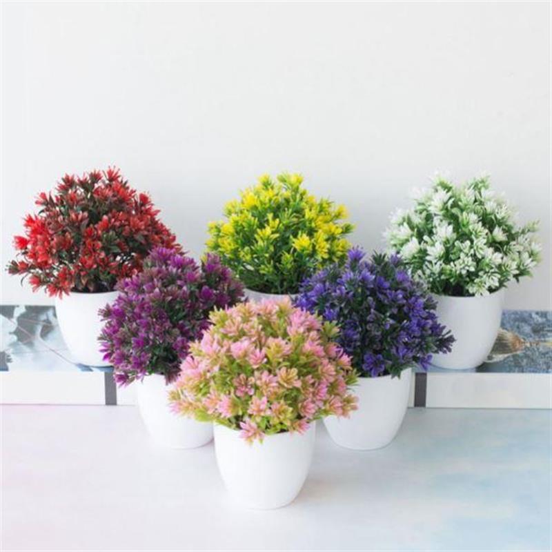 Yapay Çiçek 6 Adet Beyaz Saksıda Dolgun Plastik Mini Lotus Çiçeği Karışık  Renkler