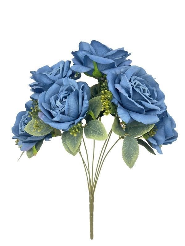 Yapay Çiçek 7li Gül Demeti 40*30cm 1.Kalite Büyükboy MAVİ