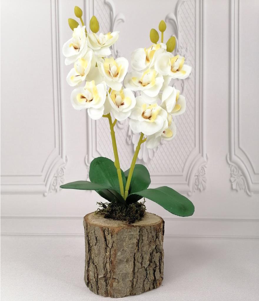 Yapay Çiçek Ahşap Kütük Saksılı Beyaz Mini Yapay Orkide Dekoratif Hediye