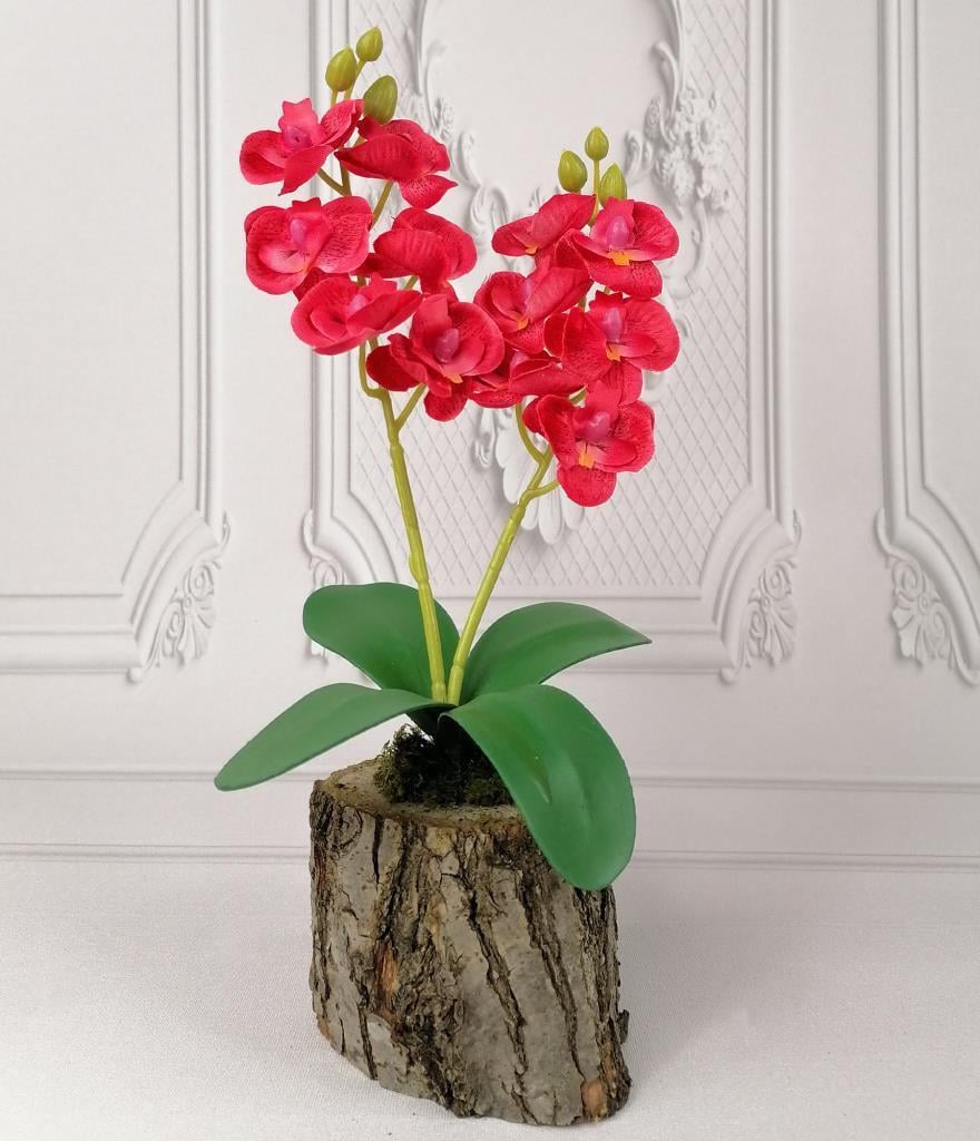 Yapay Çiçek Ahşap Kütük Saksılı Kırmızı Mini Yapay Orkide Dekoratif Hediye