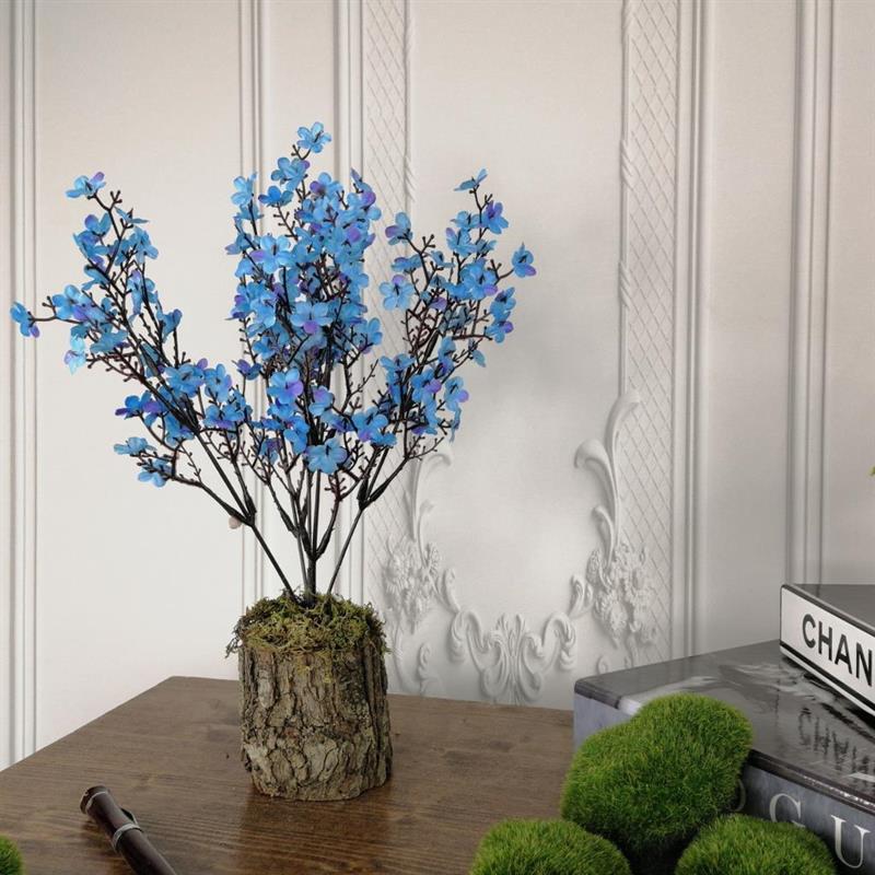 Yapay Çiçek Ahşap Kütük Saksılı Mavi Mineli Bahardalı Dilek Ağacı Dekoratif  Çiçek