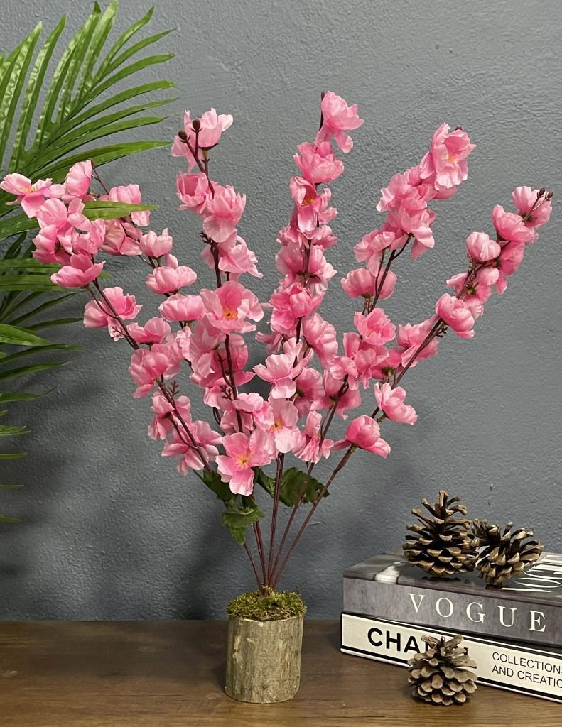 Yapay Çiçek Ahşap Kütük Saksılı Pembe Bahardalı Palmiye Ağacı Salon Bitkisi 50cm