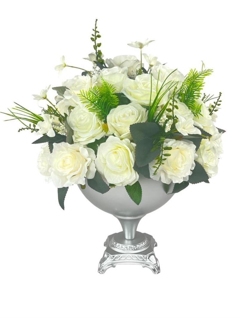 Yapay Çiçek Aranjmanı Beyaz Güller  Metal Gümüş Vazolu Masa Üstü Çiçeği Arajman