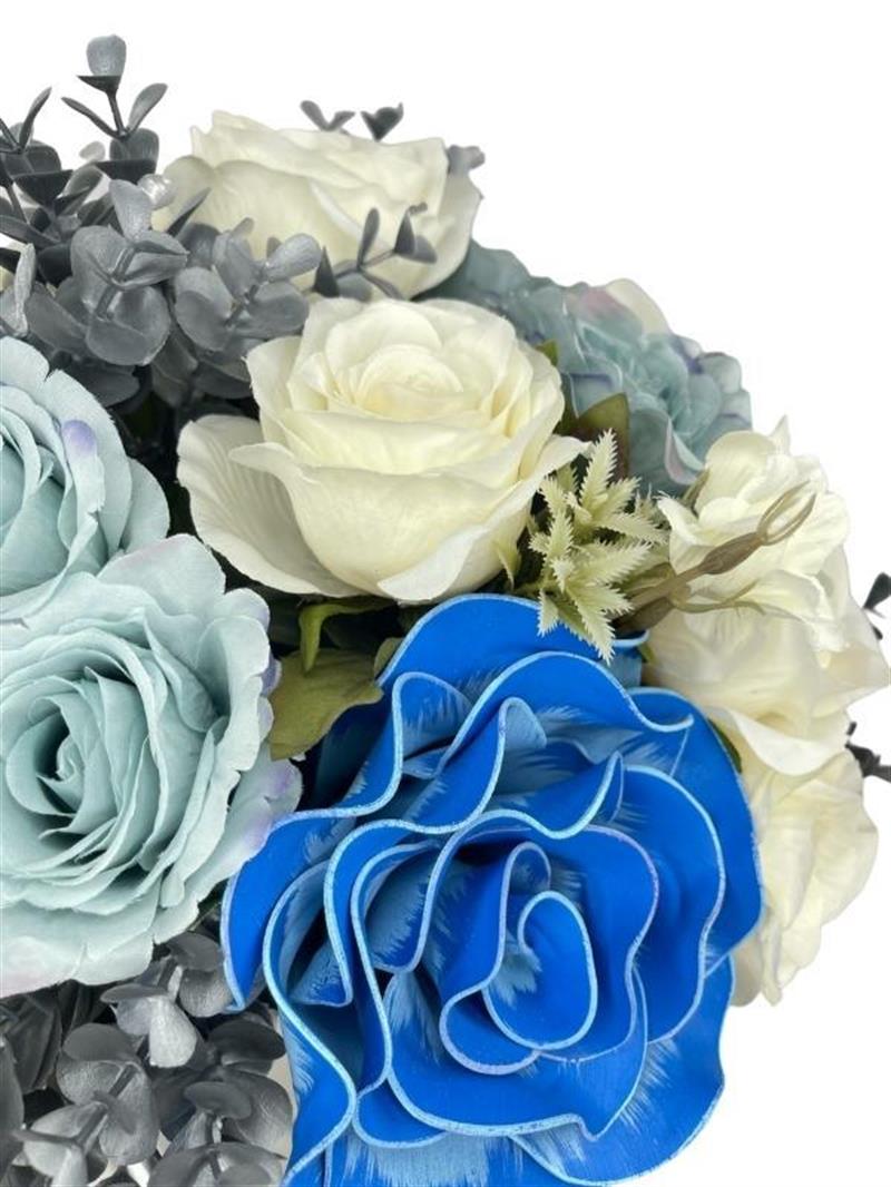Yapay Çiçek Aranjmanı Mavi Tonlar Metal Vazolu Masa Üstü Çiçeği Arajman