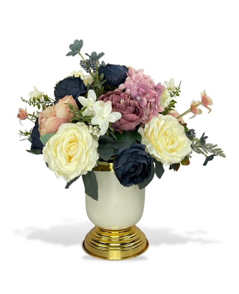 Yapay Çiçek Aranjmanı Metal Gold-Krem Vazolu Nişan Çiçeği İsteme Çiçeği Masa Üstü Çiçeği Arajman 