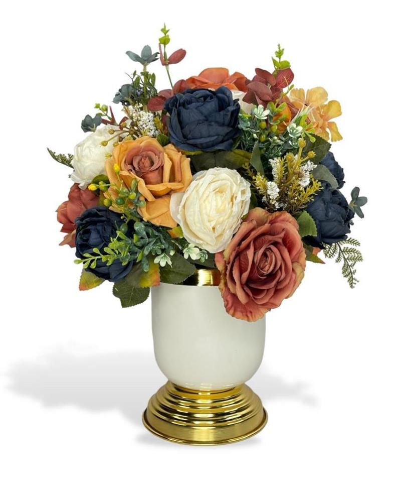 Yapay Çiçek Aranjmanı Metal Gold-Krem Vazolu Nişan Çiçeği İsteme Çiçeği Masa Üstü Çiçeği Arajman 