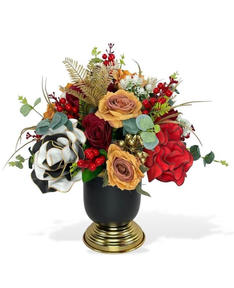 Yapay Çiçek Aranjmanı Siyah Gold Vazolu Nişan Çiçeği İsteme Çiçeği Masa Üstü Çiçeği Arajman