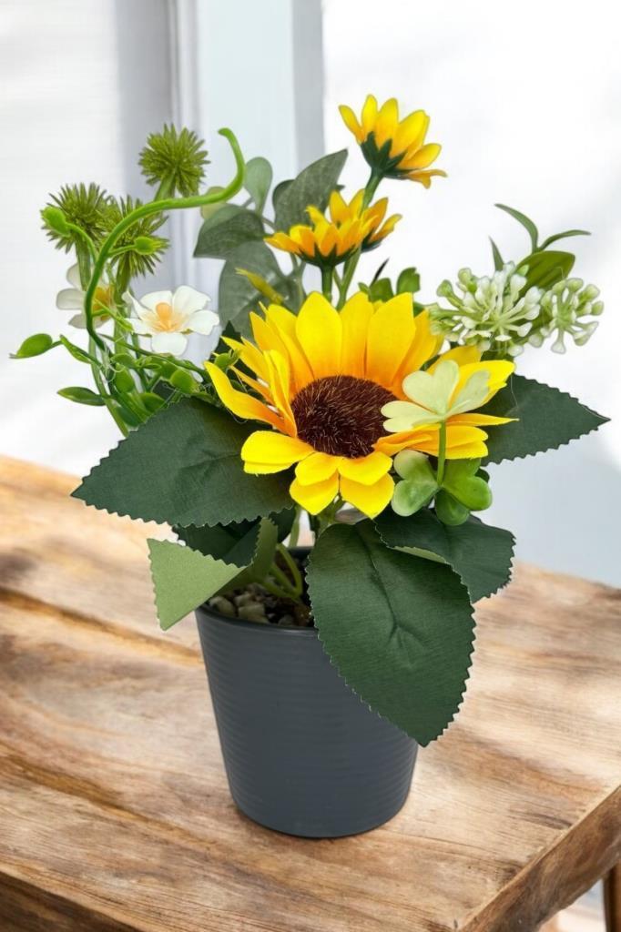 Yapay Çiçek Ay Çiçeği Aranjmanı Siyah Plastik Saksılı 25cm Dekoratif Süs Çiçeği