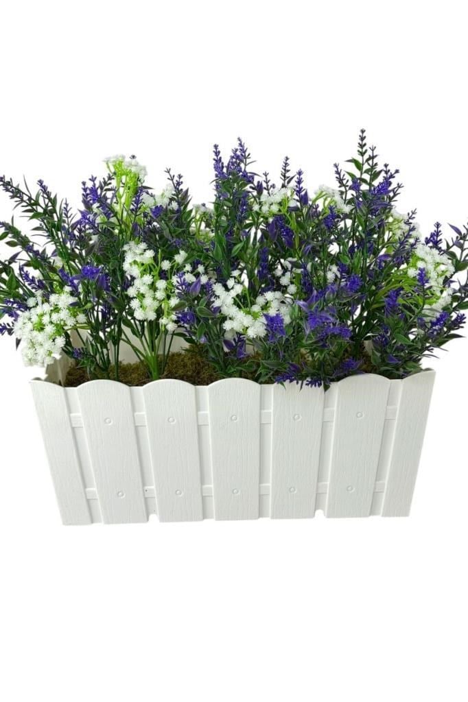 Yapay Çiçek Beyaz Balkon Saksıda Küpeşte Askılı Lavanta Ve Cipso Çiçeği 50cm