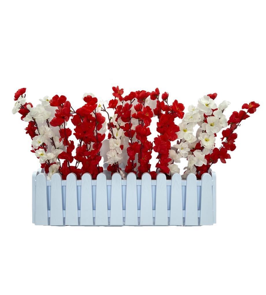 Yapay Çiçek Beyaz Çit Balkon Saksısı Kırmızı Beyaz Bahardalı 55*40cm