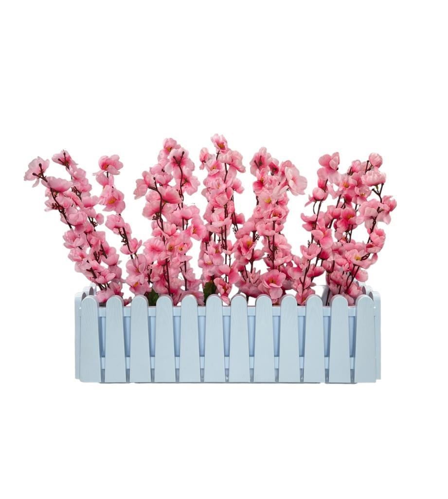 Yapay Çiçek Beyaz Çit Balkon Saksısı Pembe Bahardalı 55*20cm