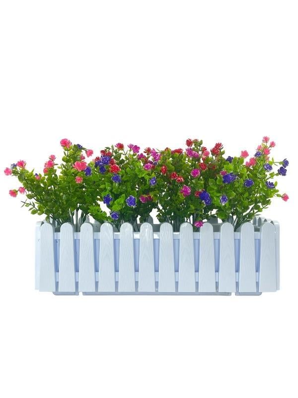 Yapay Çiçek Beyaz Çit Balkon Saksısı Renkli Mineli Şimşir Çiçekli 55*35cm