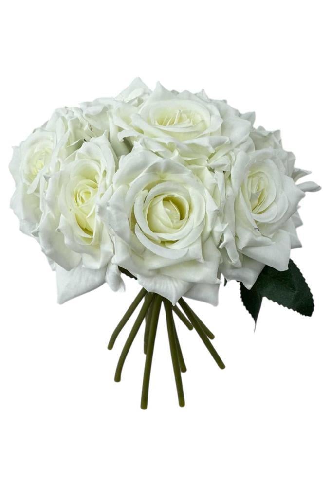Yapay Çiçek Beyaz Gül 10lu Demet Gelin Çiçeği Buketi Masa Üstü Vazo Çiçeği 25cm