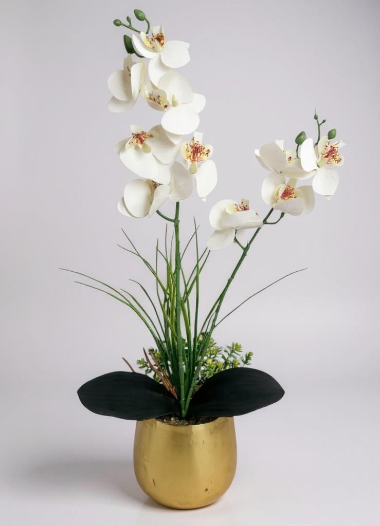 Yapay Çiçek Beyaz Islak Orkide Gold Metal Saksıda Saksıda Orkide 50cm