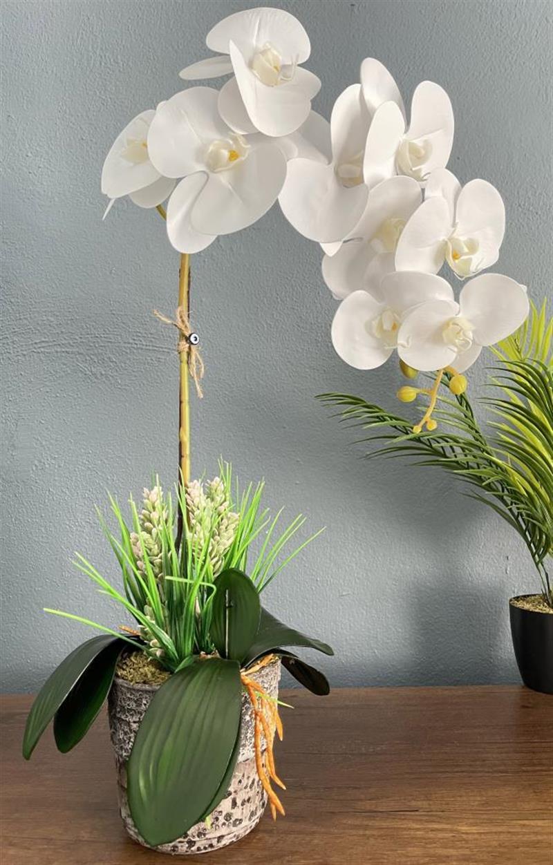 Yapay Çiçek Beyaz Islak Orkide Seramik Saksıda Tek Dal Orkide 60cm