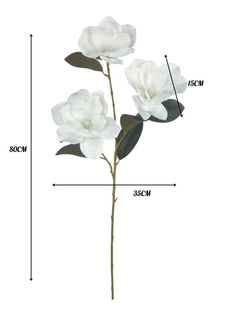 Yapay Çiçek Beyaz Manolya Islak Doku 3 Kafalı Uzun Dal Çiçek Flowers 80cm