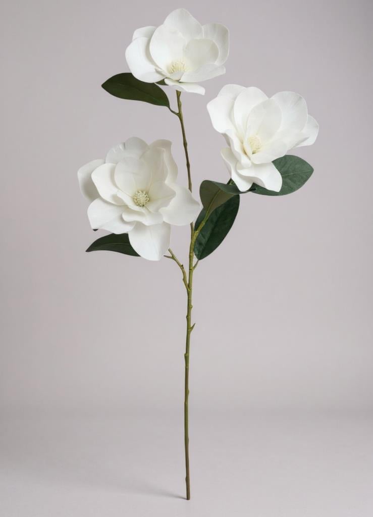 Yapay Çiçek Beyaz Manolya Islak Doku 3 Kafalı Uzun Dal Çiçek Flowers 80cm
