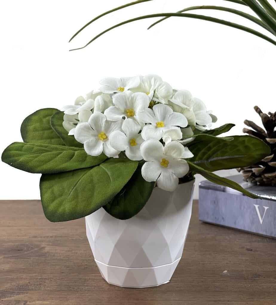 Yapay Çiçek Beyaz Saksıda Kadife Menekşe Gerçekçi Doku BEYAZ