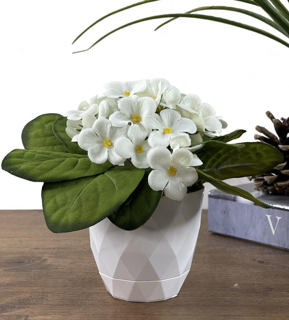 Yapay Çiçek Beyaz Saksıda Kadife Menekşe Gerçekçi Doku LİLA