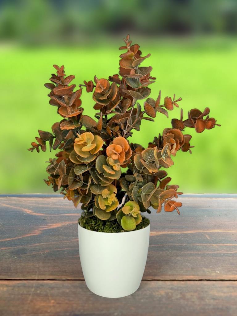 Yapay Çiçek Beyaz Saksıda Okaliptus Şimşir Demeti Pudralı Pastel Turuncu Dekoratif Yapay Bitki