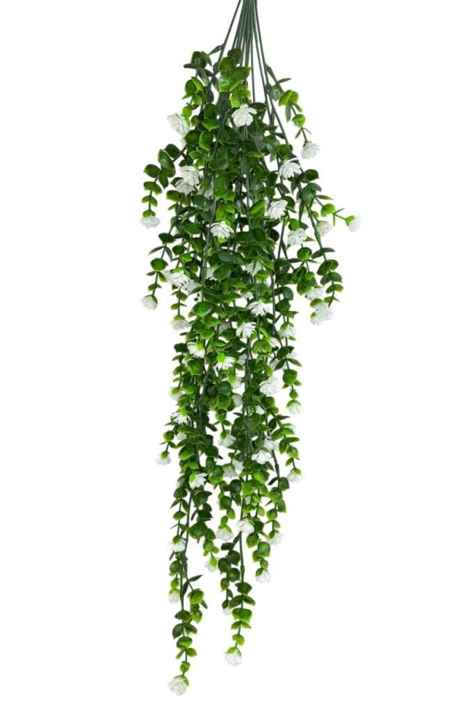 Yapay Çiçek Beyaz Sarkan Lotus Çiçekli Okaliptus Şimşir Yapay Sarmaşık 5dal 60cm