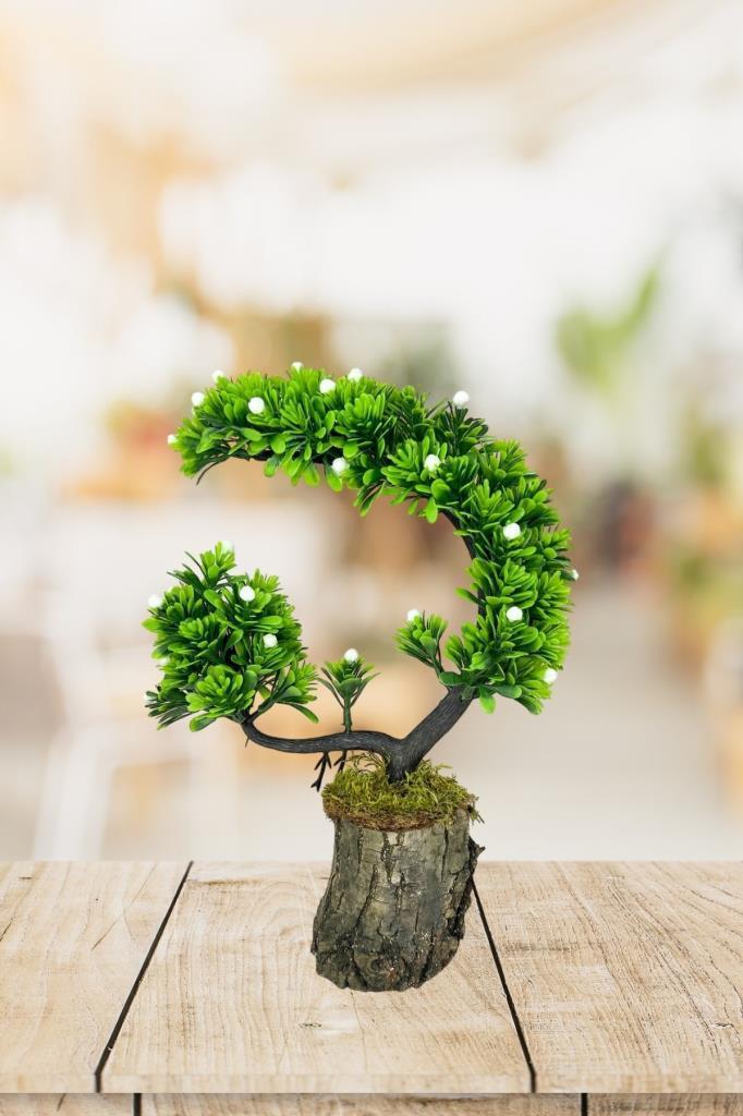 Yapay iek Bonsai Aac Ktk Saksda Beyaz Tomurcuklu Hilal Model  Dekoratif Yapay Aa Bonzai 30*20 CM