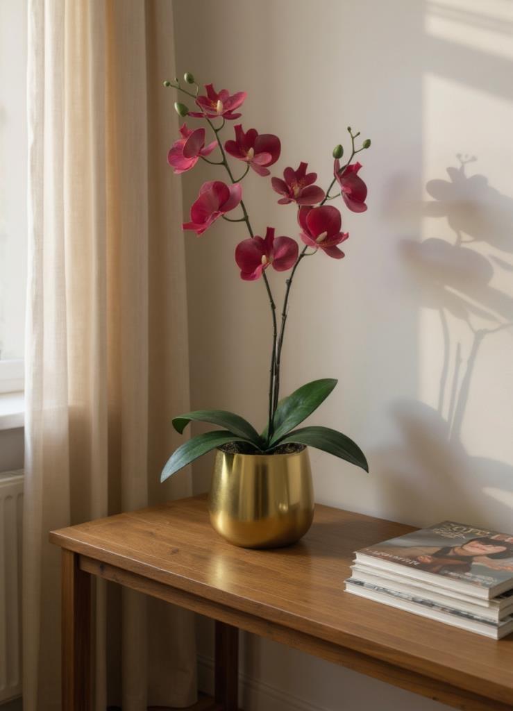 Yapay Çiçek Bordo Islak Orkide Gold Metal Saksıda Saksıda Orkide 50cm