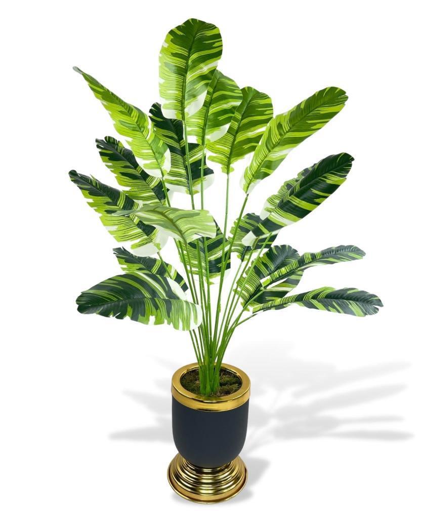 Yapay Çiçek Çizgili Muz Yapraklı Salon Çiçeği 18Dal 90*50cm Gold Siyah Vazoda Yapay Bitki