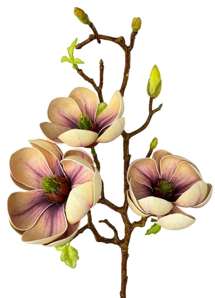 Yapay Çiçek Eva Krem Mor Açık Manolya 3 Çiçekli Uzun Dal 70cm Gerçeksi Doku 